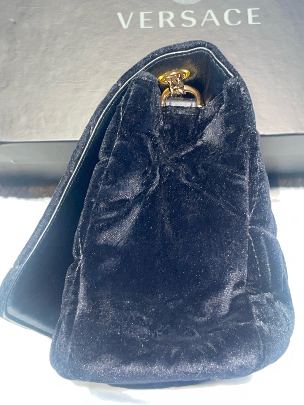 Versace Black Quilted Velvet Shoulder Bag with Gold V and Gold Hardware Chain - Picture 12 of 17